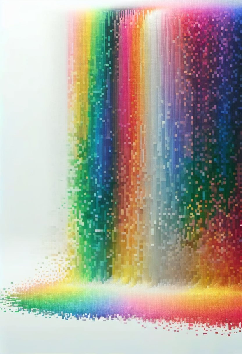 A waterfall of rainbow-colored pixels that fall into the ground, dissolving into pixels.  White background