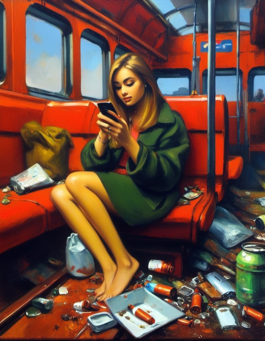 Oil Painting,Girl, holding a phone, sitting on train, red interior, rust, garbage on the floor, broken bottles, r3mbr4ndt