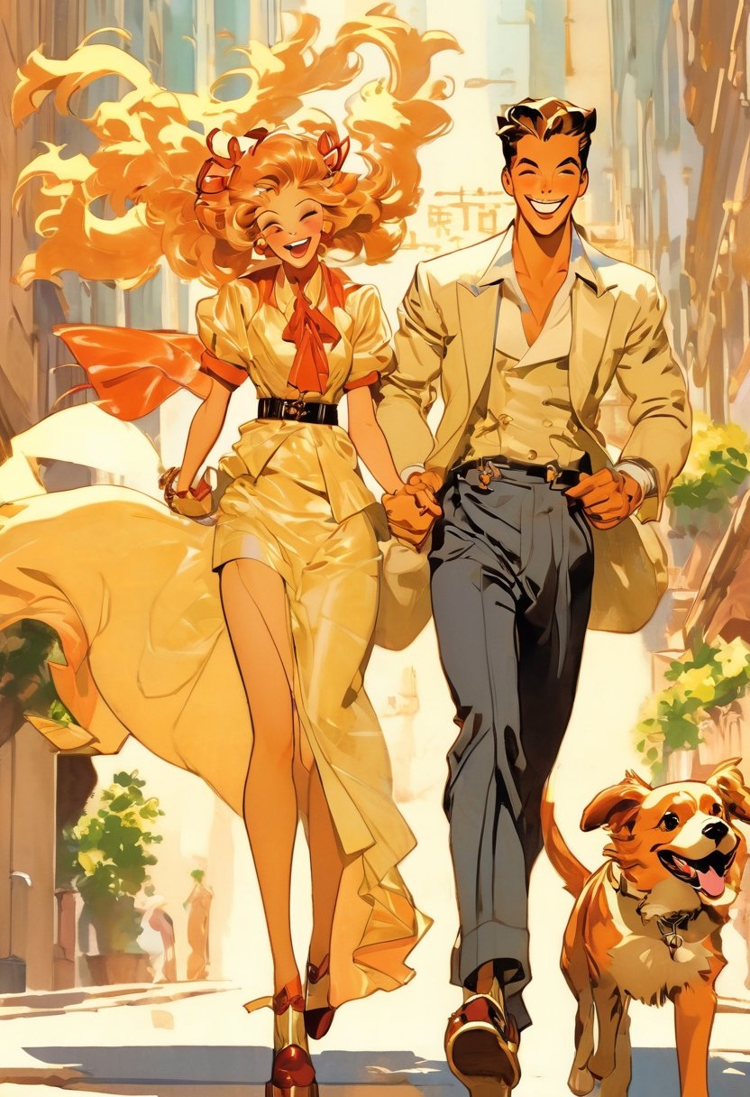 Anime Network,  Couple walking dog, laughing, art by J.C. Leyendecker, Anime style,  key visual,  vibrant,  studio anime