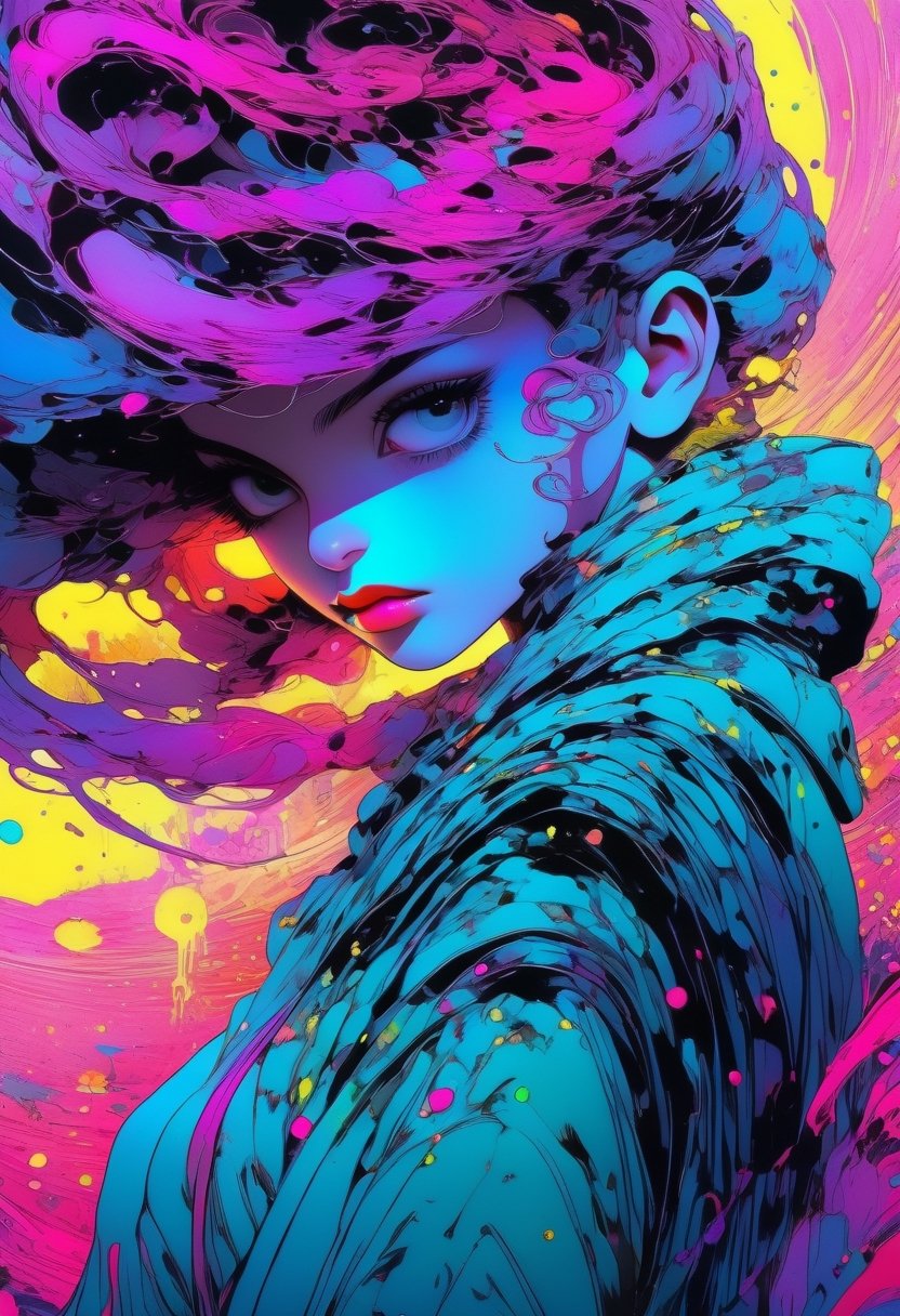 anime drawing art, in the style of crisp neo-pop illustrations, swirling colors, bold and colorful portraits, uhd image, futuristic victorian, splattered/dripped, realistic hyper-detail , Mysterious