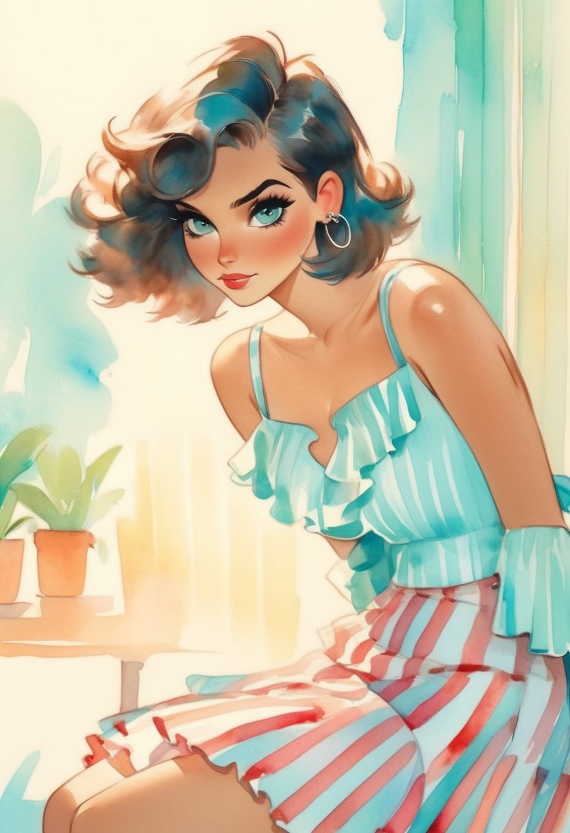 Woman, 18yo, Russian, Brown eyes, Long black bob hair, Striped Flannel Culotte skirt, Ruffle sleeve blouse, Kitten heels, Ray Tracing, watercolor, aqua hair, aqua eyes, (cleavage:1.5), open clothes at breasts,