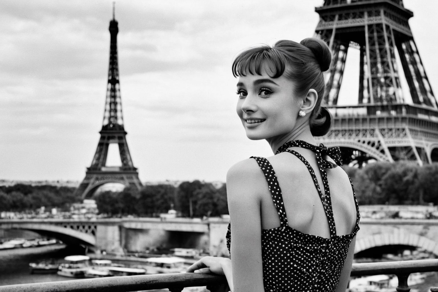 B & W Photo of a young 20yo Audrey Hepburn in a polkadot summer dress in Paris, Eiffel Tower in the background, Canon 5d Mark 4, Kodak Ektar