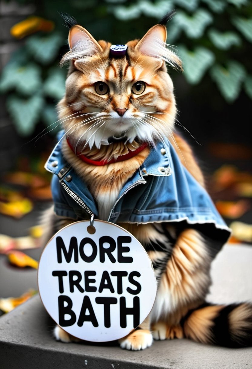 Photo of a homeless cat, wearing a sign that say "More Treats, Less Bath".