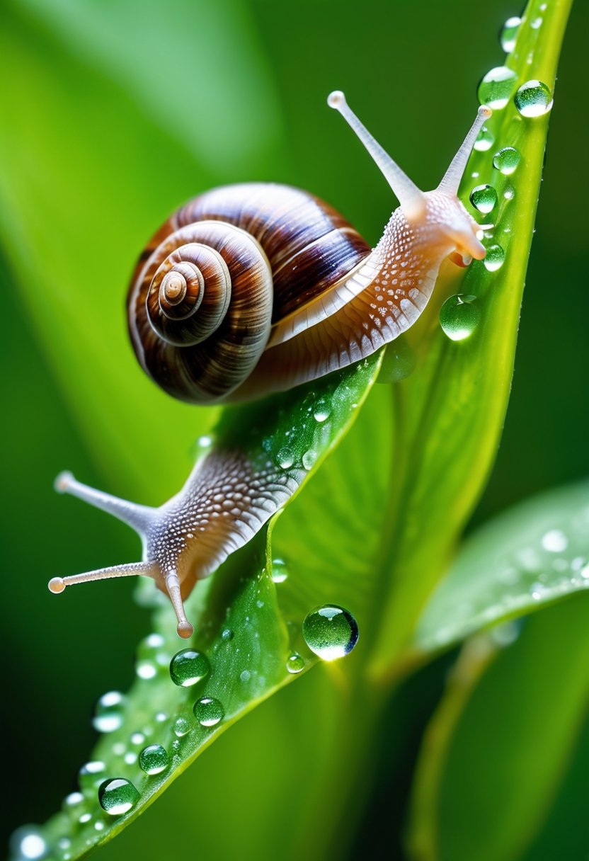 Imagine a depiction of snails with uniquely translucent, rainbow-colored shells. These snails are peacefully sliding across a verdant green leaf which is covered with dewdrops, reflecting and refracting the sunlight into countless tiny prisms. The sunlight hitting the shells creates a magical display of colors that radiates around them, enhancing their ethereal appearance. The leaf itself is incredibly detailed, with its veins standing out in contrast against the lighter green background, and the dewdrops act like tiny lenses, magnifying parts of the leaf below them.