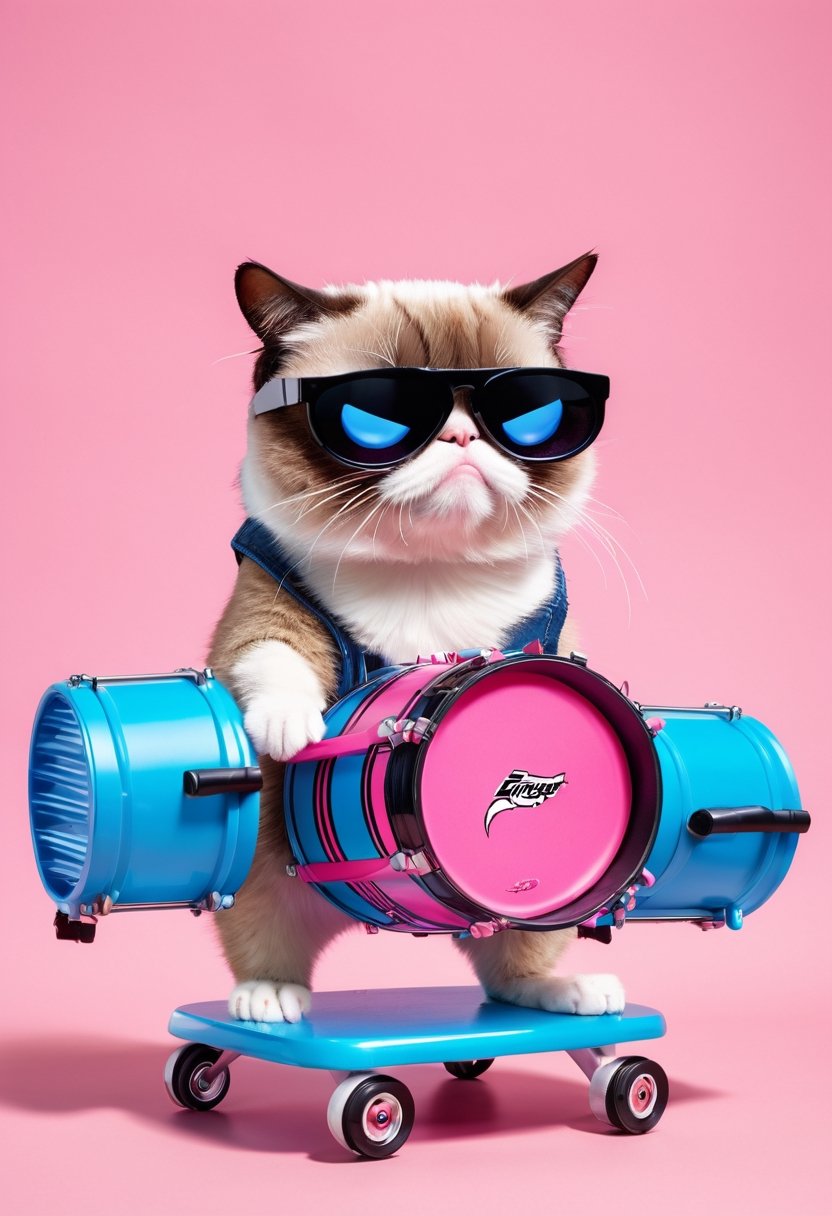 Grumpy Cat as pink mechanical toy wearing sunglasses and blue and black striped flip-flops that beats a bass drum bearing the Energizer logo.