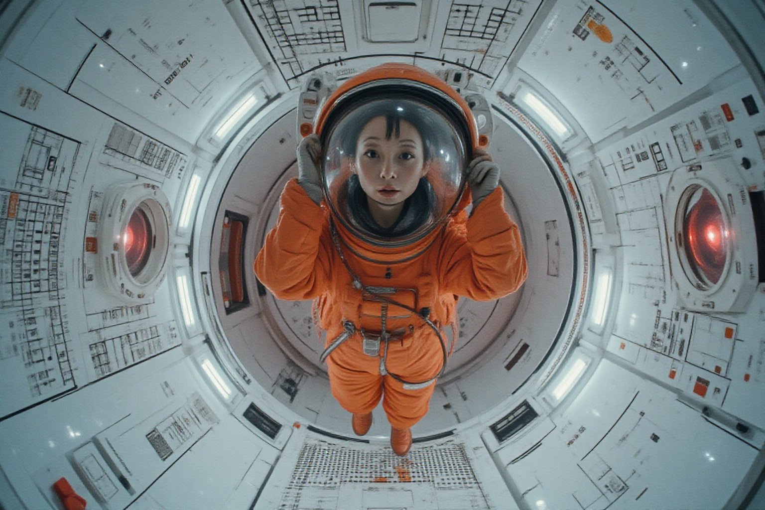 Wide angle shot of a female astronaut, dressed in a vibrant orange space uniform, is carefully re-enacting the iconic scene from 2001: A Space Odyssey where the astronaut deactivates HAL 9000. Floating weightless Inside a sleek, futuristic spacecraft, she methodically removes the components of the HAL 9000 interface, one piece at a time. The setting is tense and sterile, with bright lighting reflecting off the white sterile surfaces, capturing the eerie, unsettling atmosphere of the original scene. The red glow of HAL's eye slowly fades as the scene unfolds, highlighting the dramatic tension between human and machine.