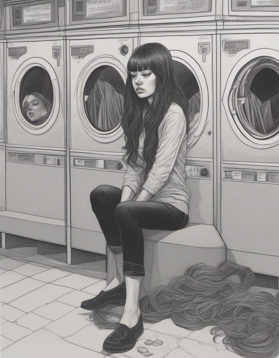 Woman, long hair, bored, waiting at a laundromat, overhead shot, art by Junji Ito, art by Martine Johanna