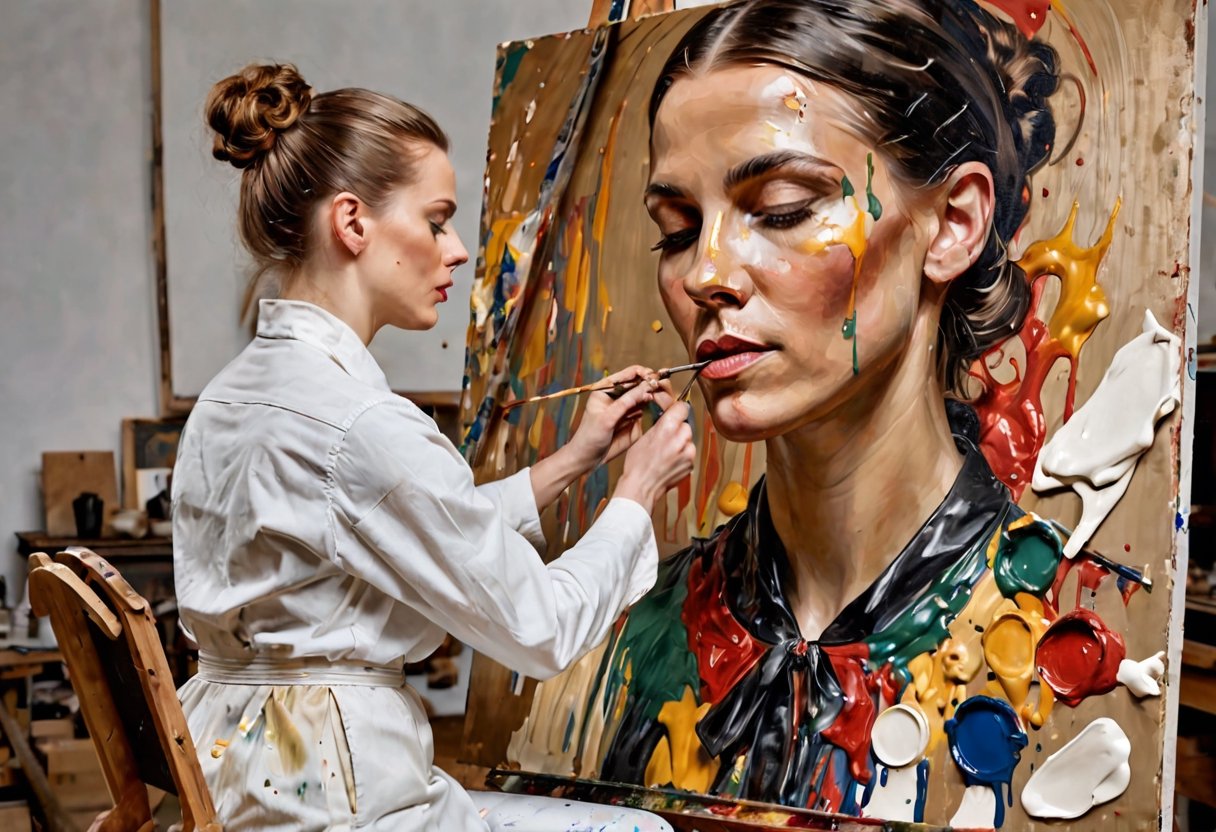 Photo of woman covered in paint in an artist's studio painting a portrait on canvas, art by J.C. Leyendecker, UHD 8k wallpaper