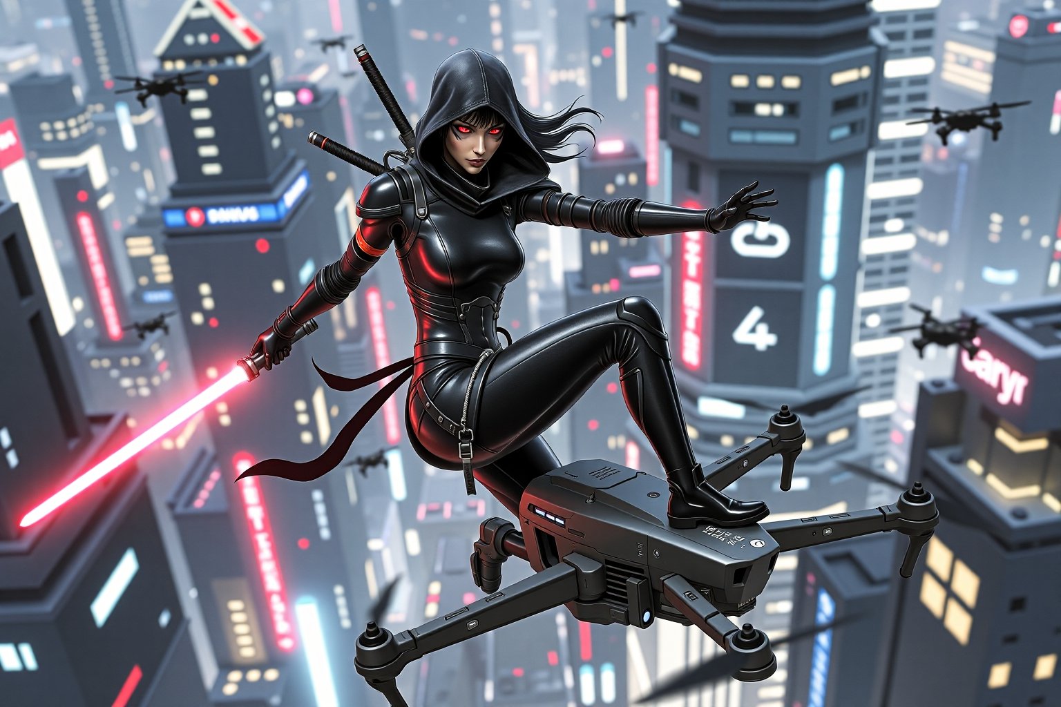 A cybernetic female ninja clad in sleek black leather, mid-action as she leaps off a hovering drone. Her body is a blend of human and advanced robotics, with glowing circuits running through her limbs. In her hand, she wields a glowing lightsaber, slicing through the air with a vibrant neon blade. Her expression is fierce and determined, with glowing red eyes reflecting the intensity of the fight. The futuristic cityscape below her is filled with neon lights, towering buildings, and other drones buzzing around. The dynamic action captures the essence of high-tech combat and stealth.