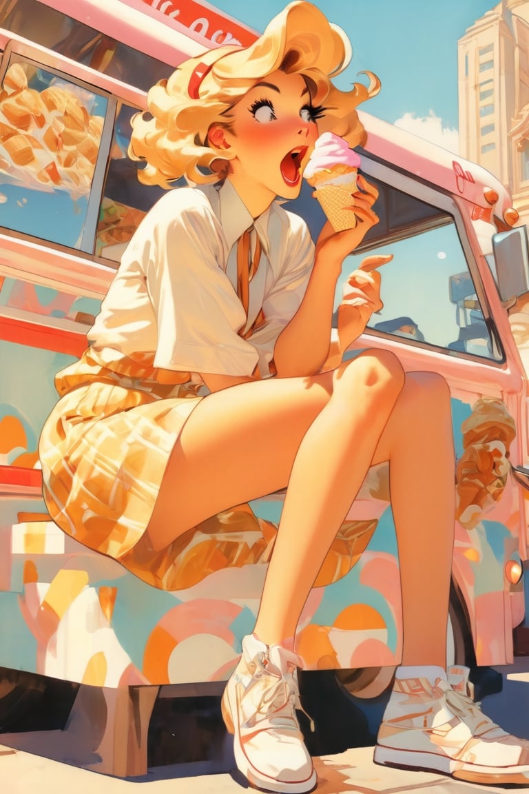 Anime Network, Woman, bored expression, yawning, sitting beside an icecream truck, art by J.C. Leyendecker . anime style, key visual, vibrant, studio anime