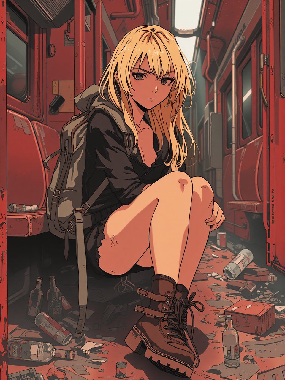 Anime style by Masamune Shirow. A blonde woman, sitting on train, red interior, rust, garbage on the floor, broken bottles.  She wear a backpack and hicking boots.