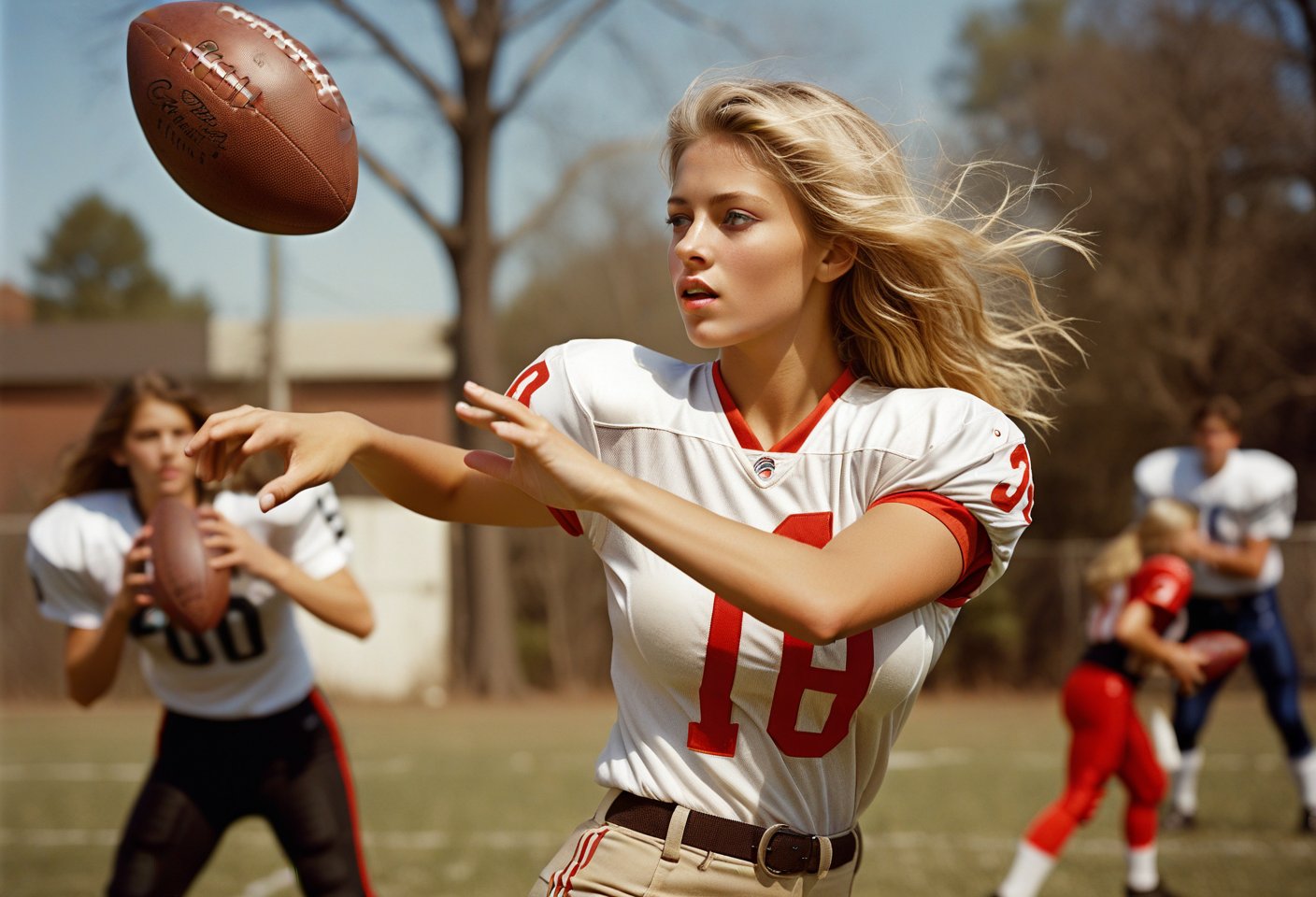 Photo, Closeup blonde female quarterback throwing a football, midrift. Canon 5d mark 4, Kodak ektar, style by J.C. Leyendecker