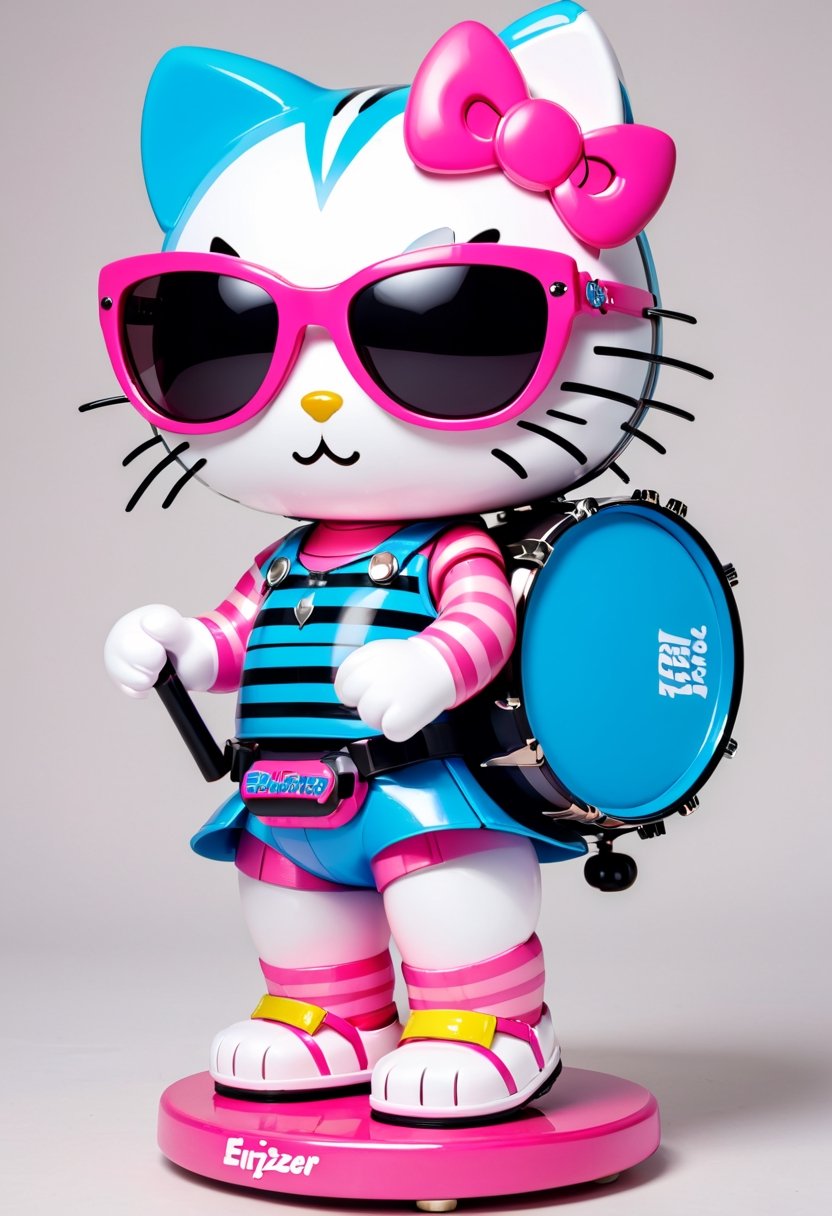 Hello Kitty as pink mechanical toy wearing sunglasses and blue and black striped flip-flops that beats a bass drum bearing the Energizer logo.