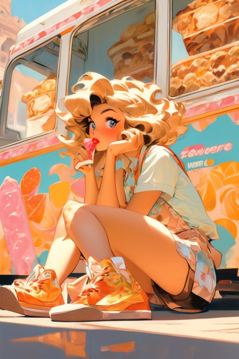 Anime network, girl, bored expression,sitting beside an icecream truck, art by J.C. Leyendecker . anime style, key visual, vibrant, studio anime