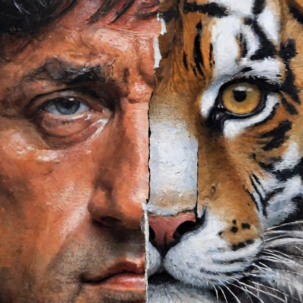 Oil painting. Movie Poster, centered split face, visual face split, face of tiger. Sylvester Stallone as Rocky left side of face 