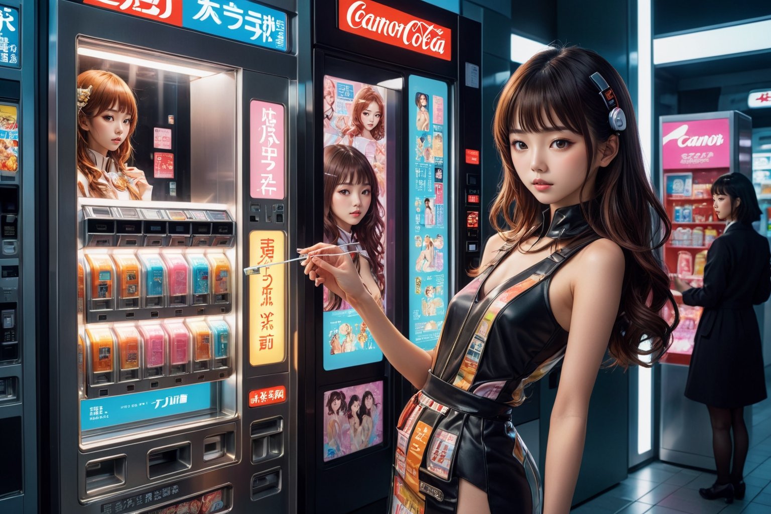 Photo of a young Japanese woman being sold from a futuristic, high-tech vending machine. The vending machine is filled with various female figures, each representing a different type of companion. Style by J.C. Leyendecker, Canon 5d Mark 4, Kodak Ektar, neon light