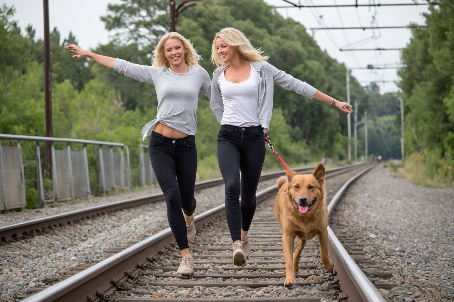 Photo of a blonde woman, arm stretched for balance, walking heel-to-toe on a single train rail. Her dog, a playful and energetic breed, trots along the rail beside her.