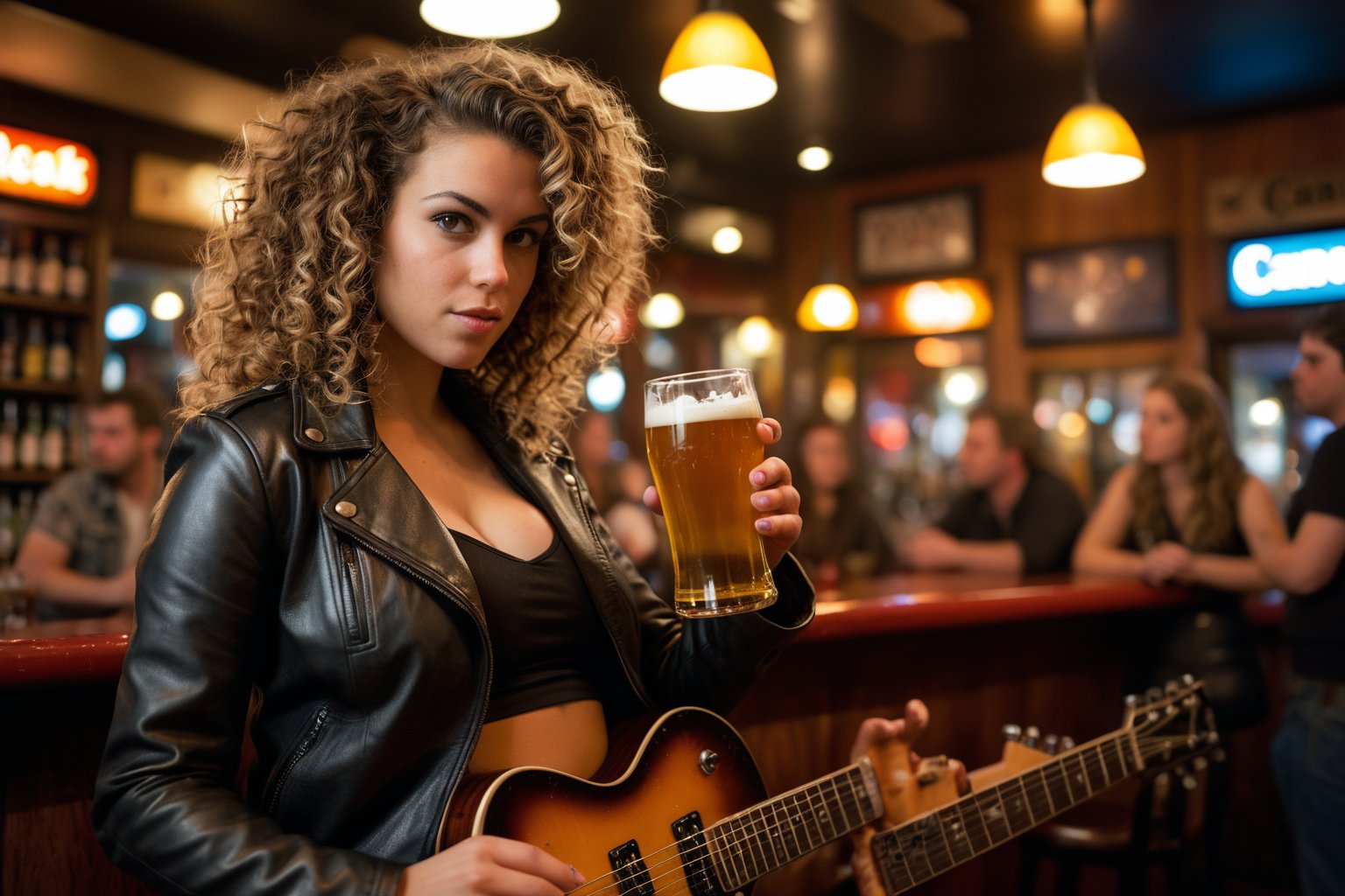 Dutch Angle. Closeup Photo of a caucasian woman with curly hair, leather jacket and mini skirt playing guitar in a bar. Background is a fat man drinking beer. Style by J.C. Leyendecker. Canon 5d Mark 4, Kodak Ektar, 35mm 