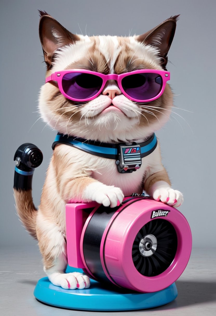 Grumpy Cat as pink mechanical toy wearing sunglasses and blue and black striped flip-flops that beats a bass drum bearing the Energizer logo.