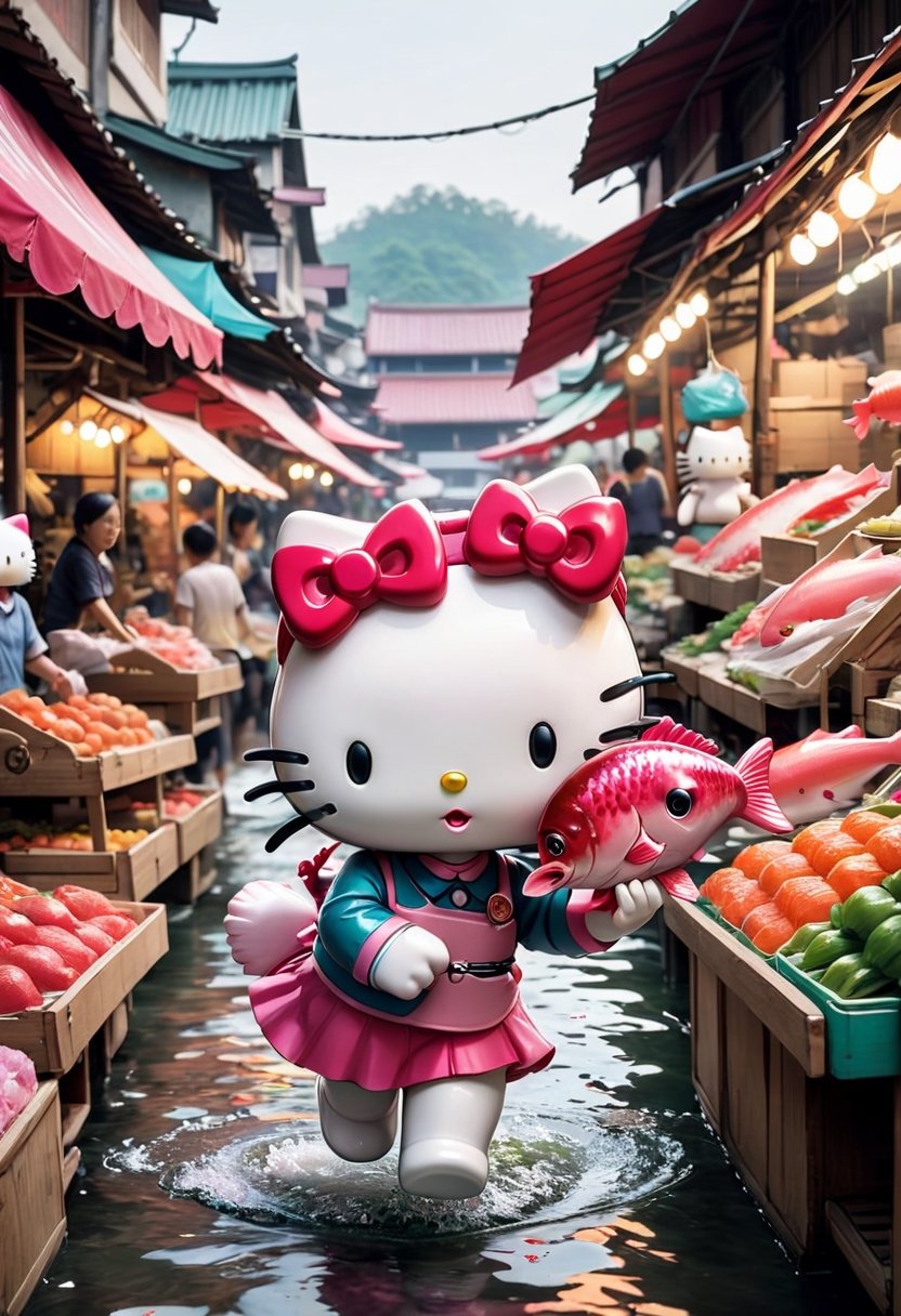 Hello Kitty stealing a fish, running away in a market