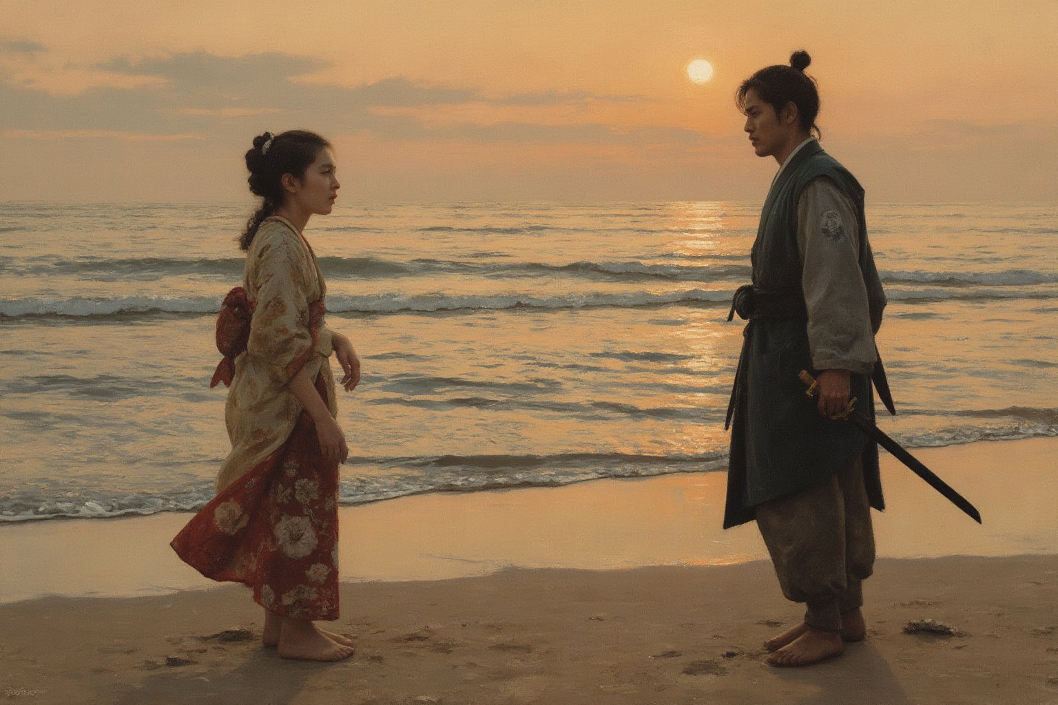 oil painting. A deeply emotional and dramatic scene between a ronin and his girlfriend at a seaside, set during their final goodbye. The ronin, dressed in worn-out traditional samurai robes, stands solemnly with his hand resting on the hilt of his katana. His girlfriend, wearing a flowing kimono, stands far apart from him, her expression filled with sorrow and longing. They are gazing intensely at each other, the distance between them symbolizing the emotional rift as they say their farewells. The backdrop is a serene, yet melancholic, seaside with waves gently lapping at the shore, and the setting sun casting long shadows and a golden glow over the scene. The sky is painted with hues of orange and pink, adding to the bittersweet atmosphere. The overall composition captures the profound emotion of separation and unspoken love.