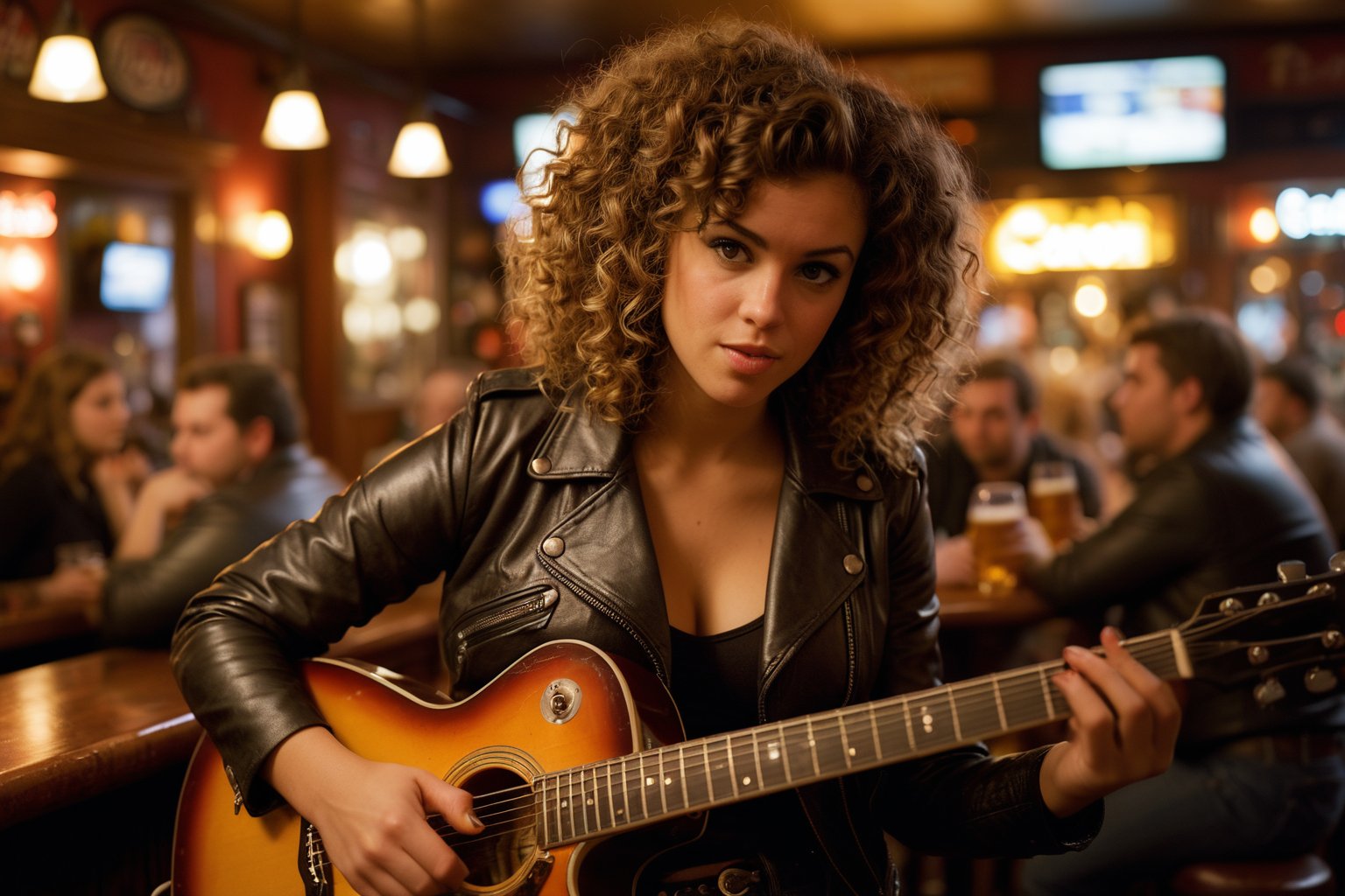 Dutch Angle. Closeup Photo of a caucasian woman with curly hair, leather jacket and mini skirt playing guitar in a bar. Background is a fat man drinking beer. Style by J.C. Leyendecker. Canon 5d Mark 4, Kodak Ektar, 35mm 