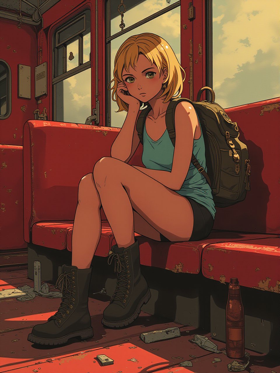 Anime style art by J.C. Leyendecker. Photo Close up of a blonde woman, sitting on train, red interior, rust, garbage on the floor, broken bottles.  She wear a backpack and hicking boots.