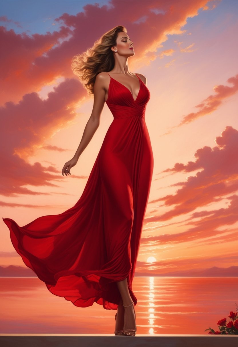 Painting of a beautiful woman, looking toward sky, head tilted upward, body leaning back.  Red evening dress.