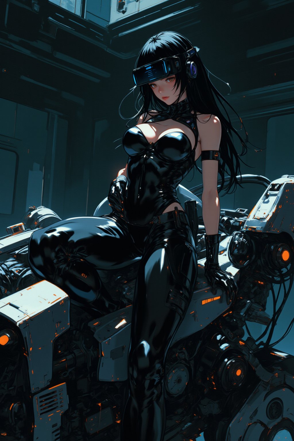 style.,anime,lyh,mia,ando. A striking, futuristic scene depicts a woman dressed in sleek, form-fitting leather attire, sitting confidently atop an open power suit, inspired by the cyberpunk aesthetics of Masamune Shirow. The power suit, a blend of advanced technology and military-grade armor, features intricate mechanical details, exposed wiring, and a robust, yet streamlined design. The woman, wearing a cutting-edge VR headset, exudes a sense of control and mastery over the machine beneath her. Her posture is relaxed yet commanding, with one hand resting on the suit’s metallic surface and the other casually holding a piece of advanced tech. The background is a high-tech industrial setting, with dim lighting that casts dramatic shadows, highlighting the fusion of human and machine. The overall atmosphere is one of futuristic coolness and cybernetic elegance, capturing the essence of Shirow’s iconic 