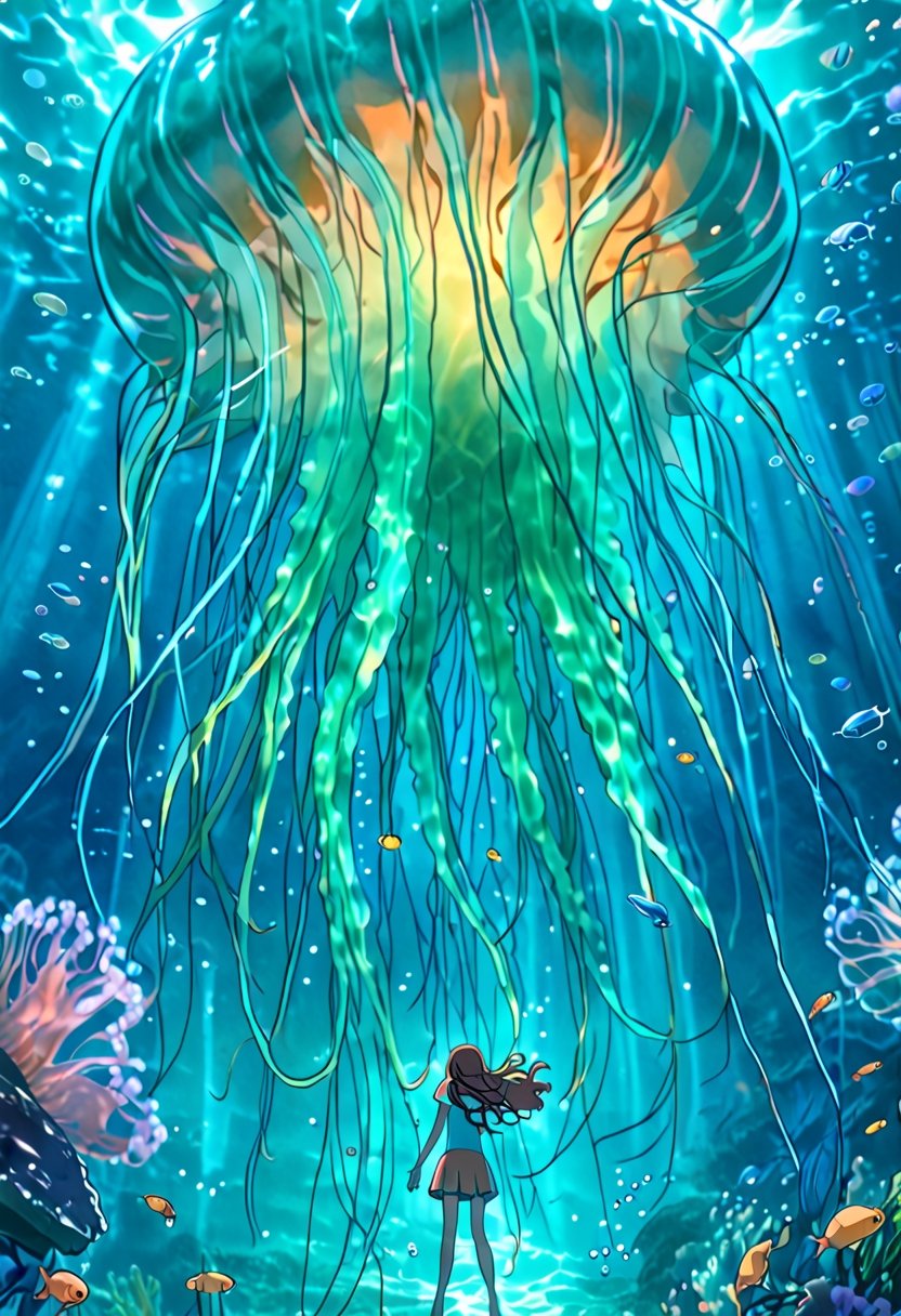 through the transparent barrier of an underwater observation pod, a terrified young girl gazes wide-eyed at the colossal figure of a Lion’s Mane Jellyfish. The glass wall magnifies the immense Jellyfish's size, highlighting its tentacles and baggy fluid-like body and vibrant bioluminescence colors. The girl's fear is palpable, her small frame contrasted against the overwhelming might of the ancient creature outside. The underwater scene is enveloped in an eerie blue-green glow, illuminated by the pod's artificial lighting. This tense and dramatic moment is captured as a hauntingly realistic photograph, taken with a telephoto lens that captures both the intricate details of the Lion’s Mane Jellyfish features and the raw emotion etched across the girl's face.