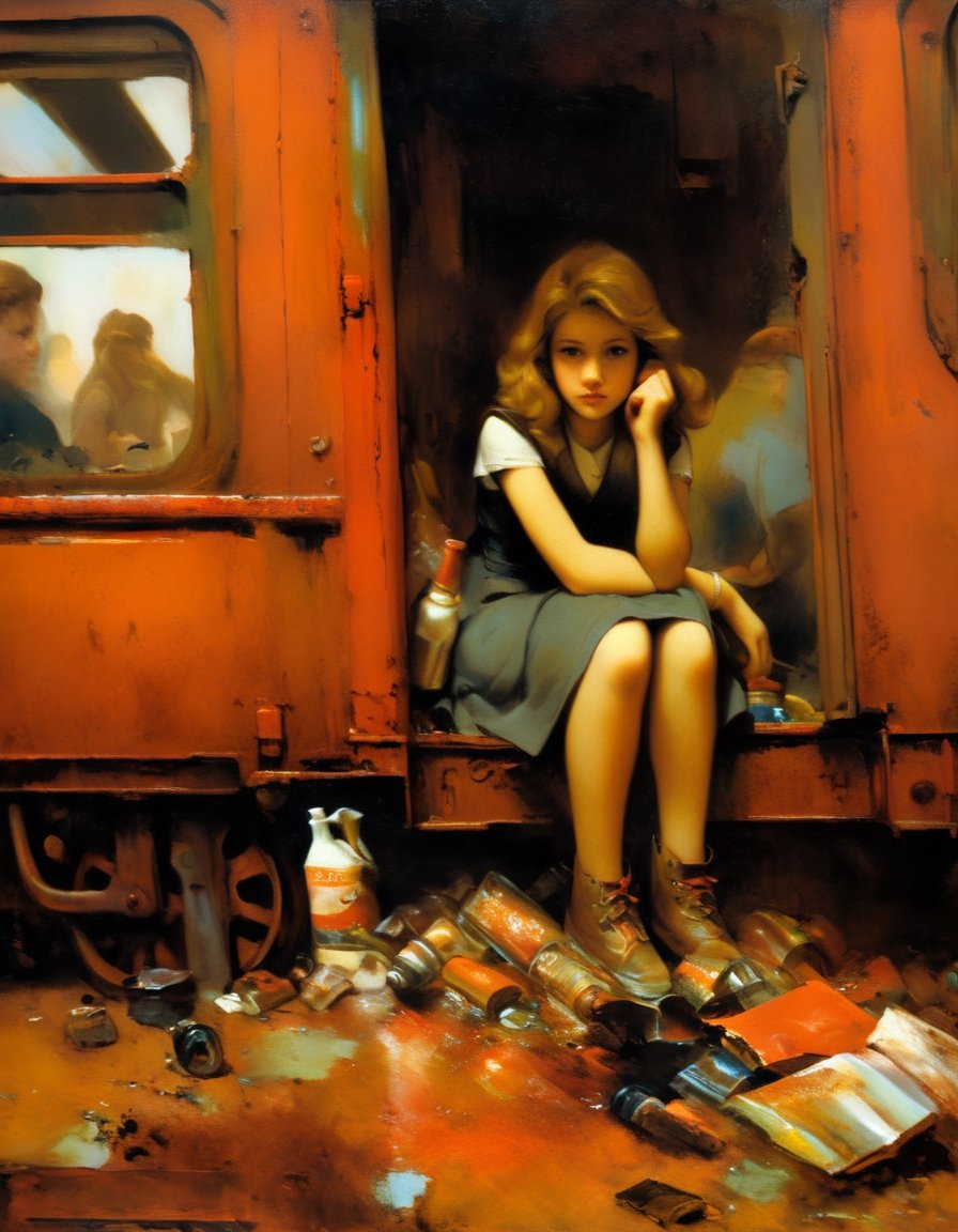 Oil Painting,Girl sitting on train, red interior, rust, garbage on the floor, broken bottles, r3mbr4ndt