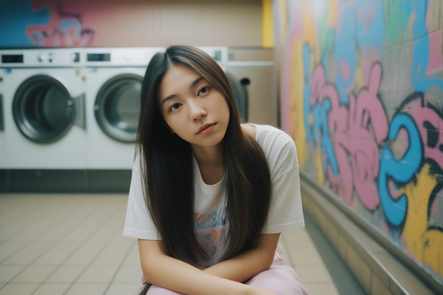 A candid snapshot of a young Asian woman with long, straight hair waiting for her laundry at a laundromat. She is sitting on a chair, leaning against a wall adorned with colorful graffiti. Her face expresses weariness and boredom. The laundromat's atmosphere is filled with a mix of warm and artificial light, reflecting off the row of washing machines in the background. The overall scene presents a relatable, everyday moment of quiet contemplation and leisurely waiting.