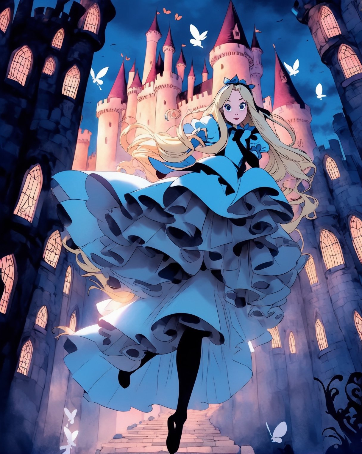 Alice in Wonderland, 1 woman, blonde straight hair serious stocking sit while floating in the air shadow dark pokers castle Detailed Gothic Dreamlike Fantasy manga line art flat gradient by Suiishida