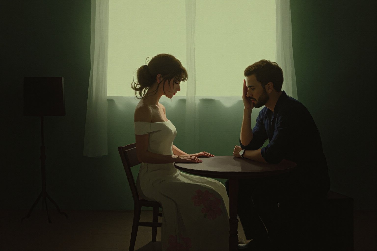 Dreamy art. Impressionistic painting of a dimly lit, intimate scene with two people in a room. A young woman in an elegant, flowing dress with floral patterns sits beside a round, dark wooden table. She leans slightly, her face turned away, revealing a soft, serene expression. Her dress gently cascades, reflecting the soft light filtering through sheer curtains in the background. The man, seated behind her with his hand on his forehead, appears deep in thought. The room is bathed in muted, earthy tones, with subtle green hues dominating the background. The overall atmosphere is quiet, introspective, and melancholic, evoking a sense of stillness and contemplation.,