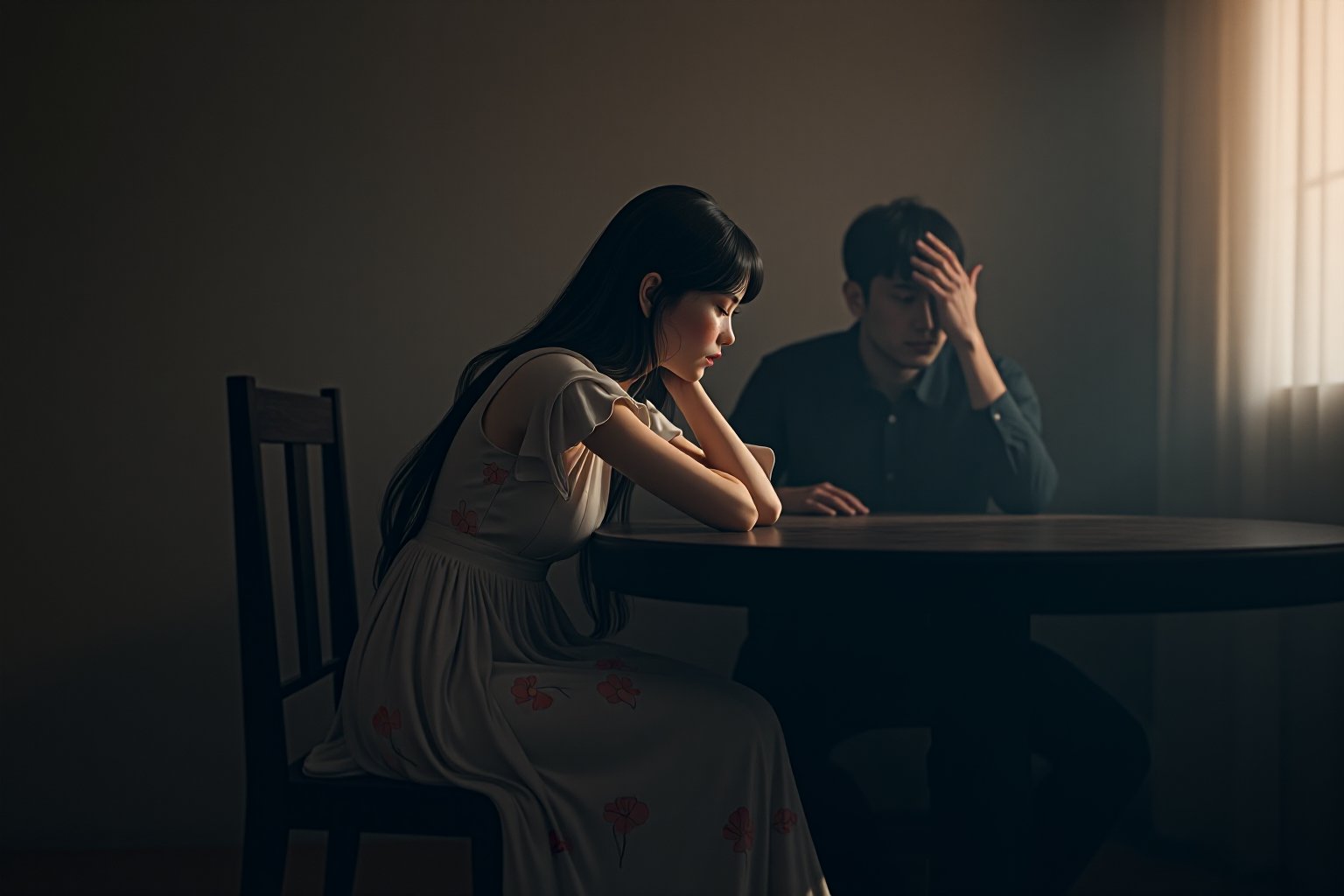 3d octane render, dark dreamy art of a cute little minimalist Colorful balenziaga, shaping lighting and shadows, cosy lo-fi setting intimate scene with two people in a room. A young lo-fi woman in an elegant, flowing dress with floral patterns sits beside a round, dark wooden table. She leans slightly, her face turned away, revealing a soft, serene expression. Her dress gently cascades. The man, seated behind her with his hand on his forehead, appears deep in thought. The overall atmosphere is quiet, introspective, and melancholic, evoking a sense of stillness and contemplation. 