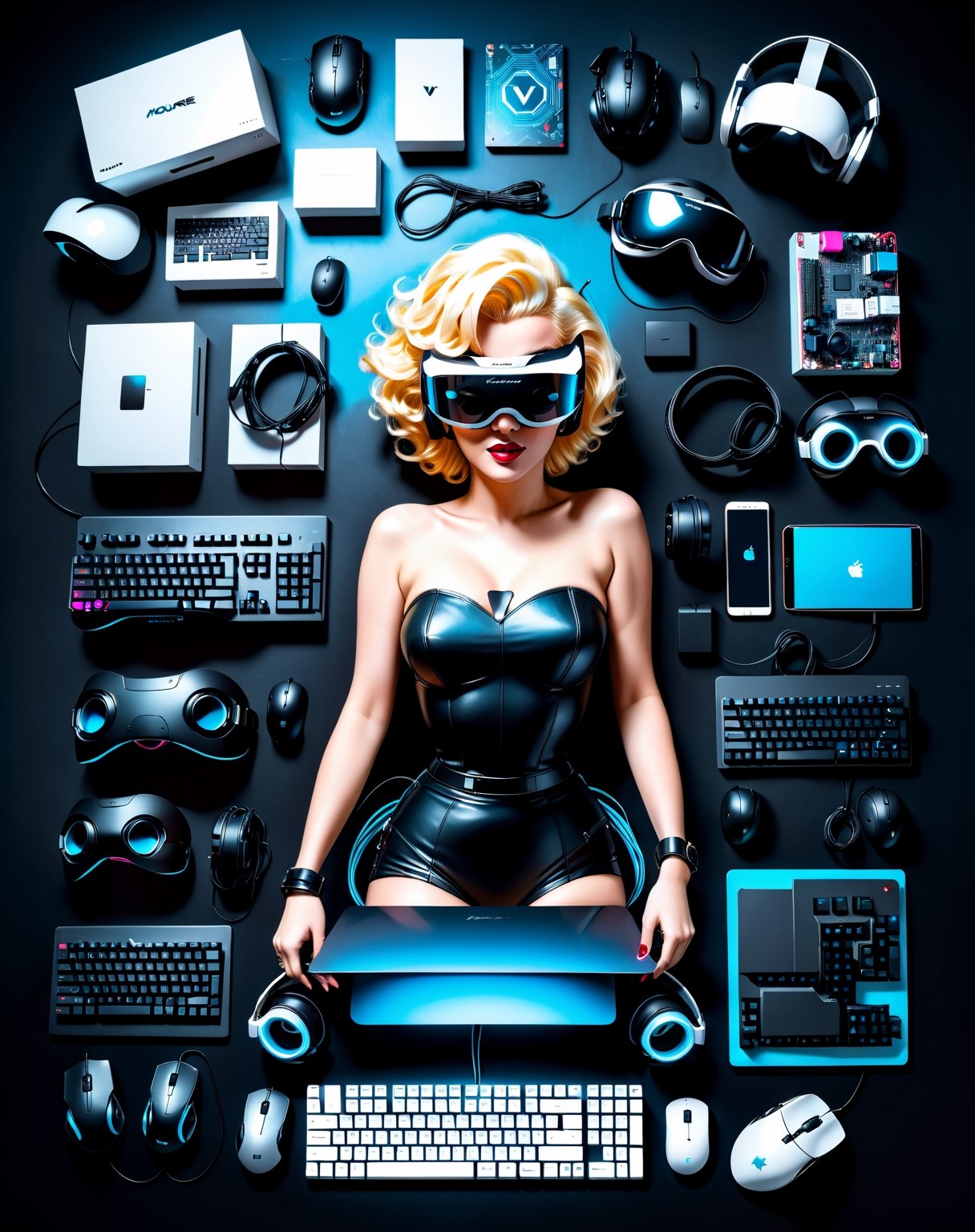 1girl, Marilyn Monroe, wearing VR headset, cyberpunk, flat lay photography, object arrangement, computer equipment, keyboard, mouse, knolling photography