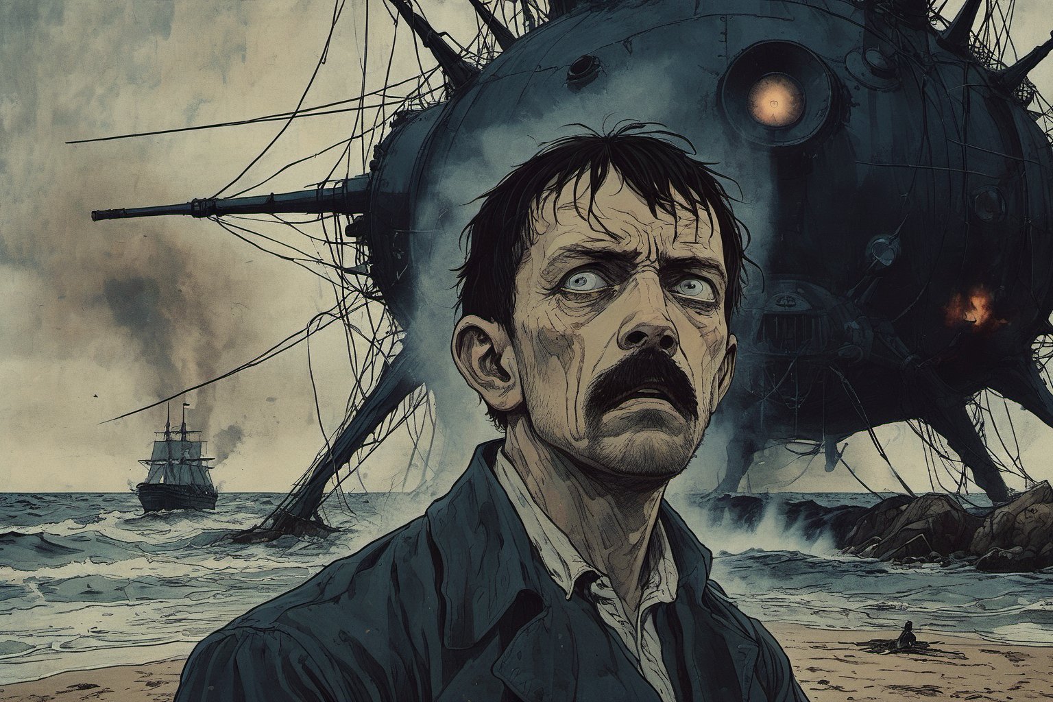 Closeup of a frightened man, eyes wide open, the narrator of War of the World, standing at the beach. Background is the Ironclad HMS Thunder Child firing at a Martian Tripod, 1892