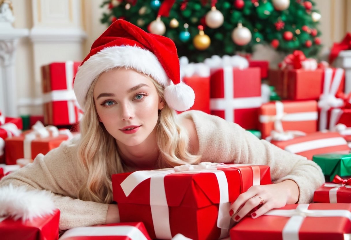 Cinematic Film Still, Pale Blonde Woman, freckles, braids, wearing Santa hat, laying down on her back in a giant pile of presents, in a mansion, raw photo, nikon