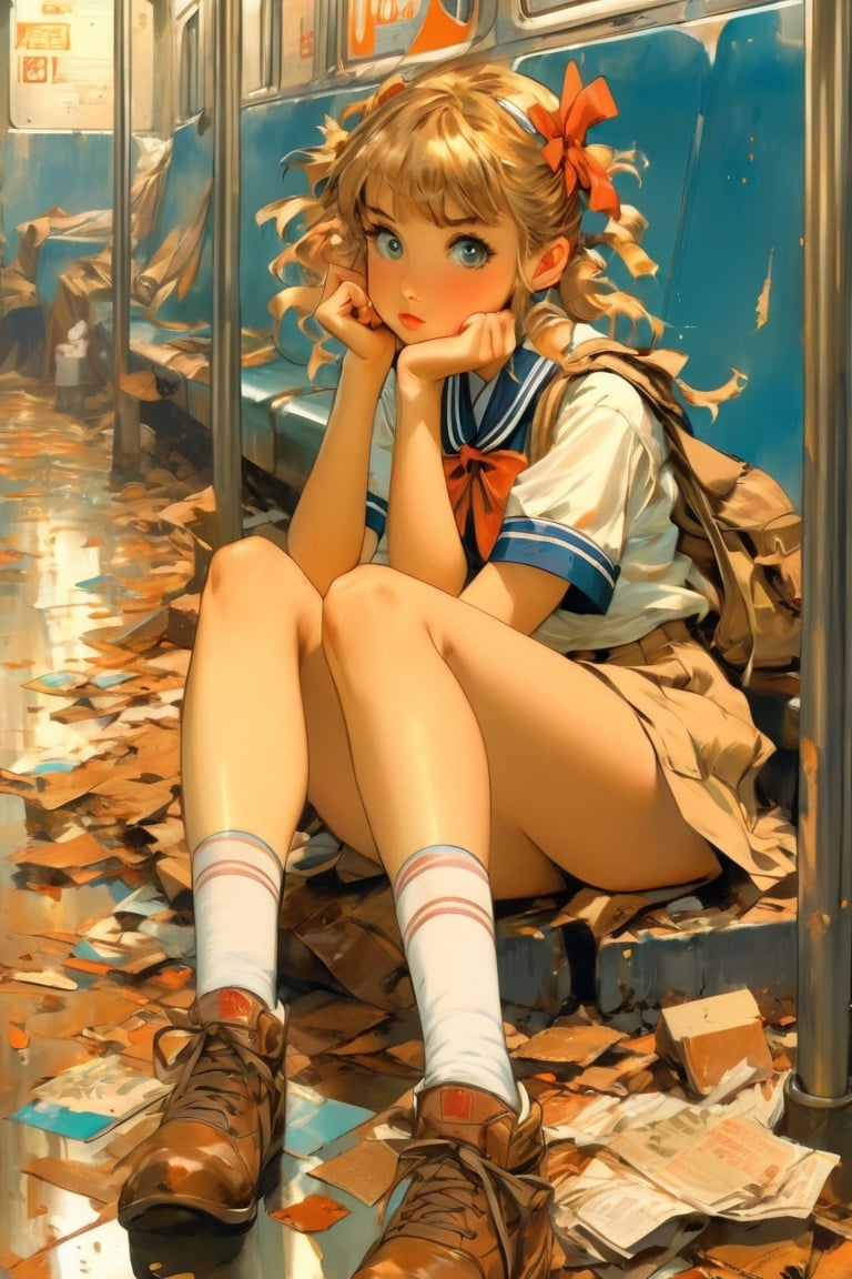 anime artwork, Japanese school girl, bored, log hair, sailor uniform, sitting on subway, blue interior, rust, garbage on the floor, broken bottles, art by J.C. Leyendecker . anime style, key visual, vibrant, studio anime, highly detailed