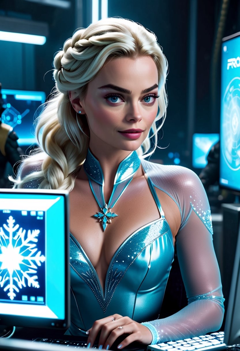 Cinematic movie still of Margot Robbie, as Elsa from Frozen movie, hacking on a computer, cyberpunk 2077