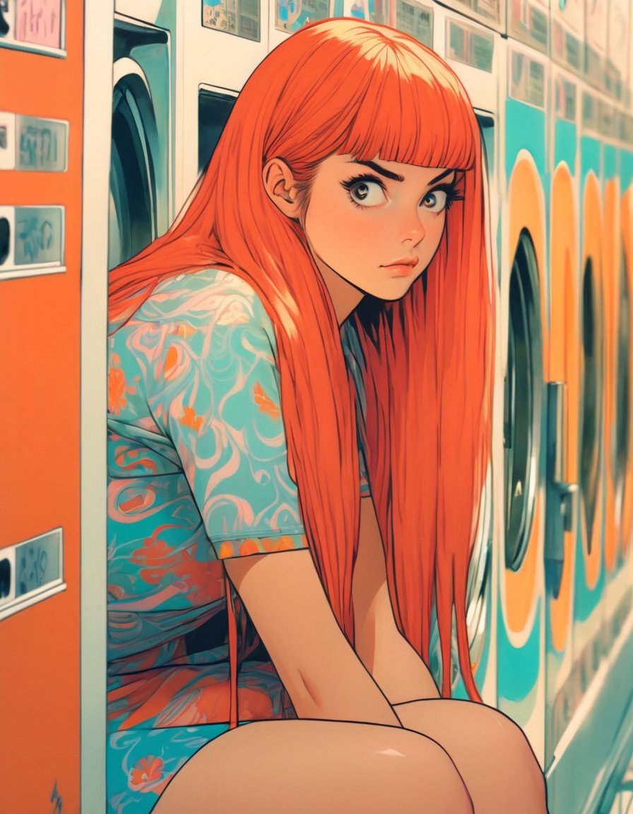 Woman, long hair, bored, waiting at a laundromat, art by Junji Ito, art by Martine Johanna, anime network, anime style