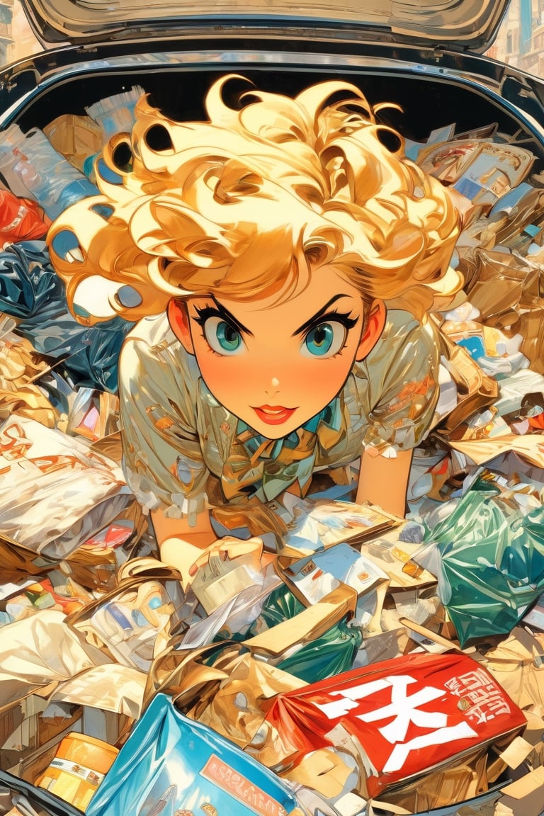 anime artwork, open trunk of a car, filled with trash, Woman, garbage all around, art by J.C. Leyendecker, anime style, key visual, vibrant, studio anime, highly detailed