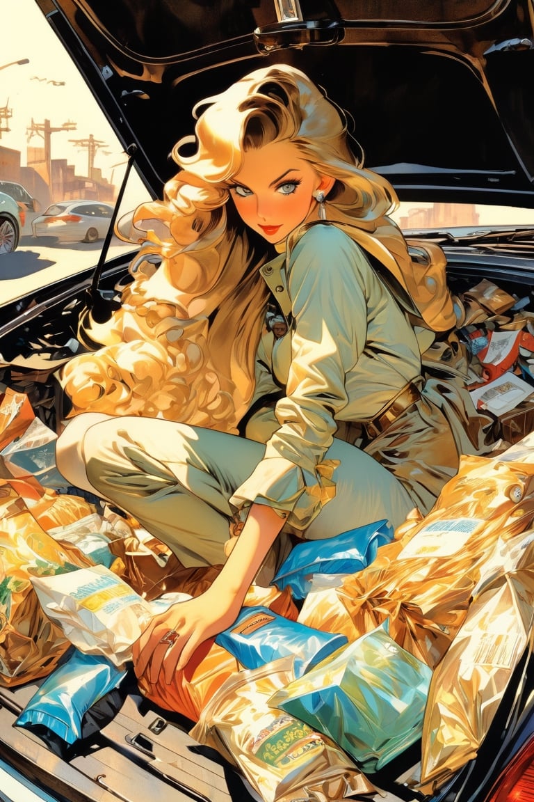 anime artwork, open trunk of a car, filled with trash, Woman, long hair, art by J.C. Leyendecker, anime style, key visual, vibrant, studio anime, highly detailed