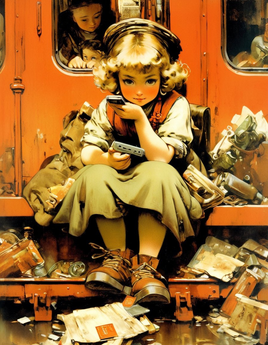 Oil Painting, Anime. Girl holding a phone, sitting on train,  red interior, rust, garbage on the floor, broken bottles, r3mbr4ndt, art by Rembrandt, art by J.C. Leyendecker