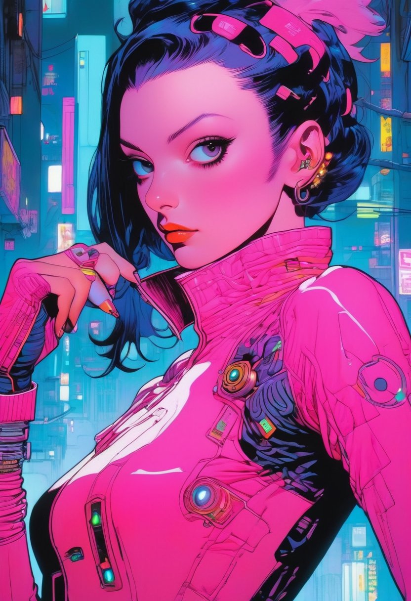 Portrait of a woman in pink cyberpunk suit, pale skin, art by Suehiro Maruo, art by Etam Cru, rim lighting, two tone light, soft lighting, vivid color