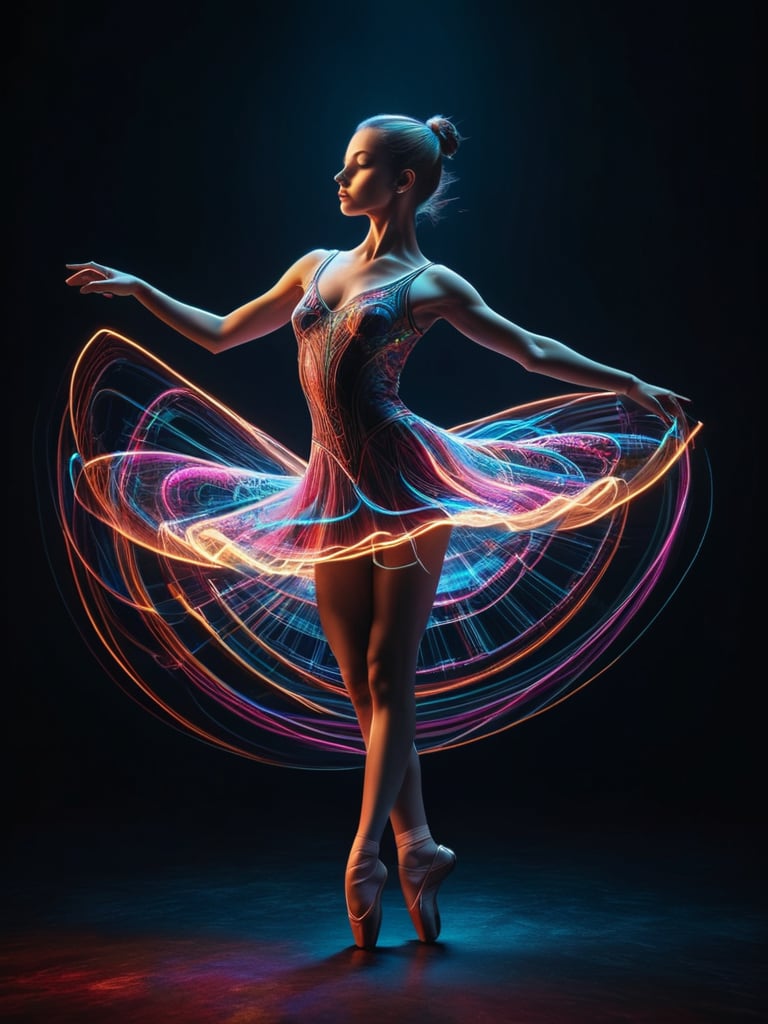 ral-exposure, profile of ballerina dacing, in the style of double exposure, neon art nouveau, long exposure, wimmelbilder, layered lines, neonpunk, chiaroscuro, best quality, masterpiece, highres, absurdres, incredibly absurdres, huge filesize, wallpaper, colorful,8K,RAW photo