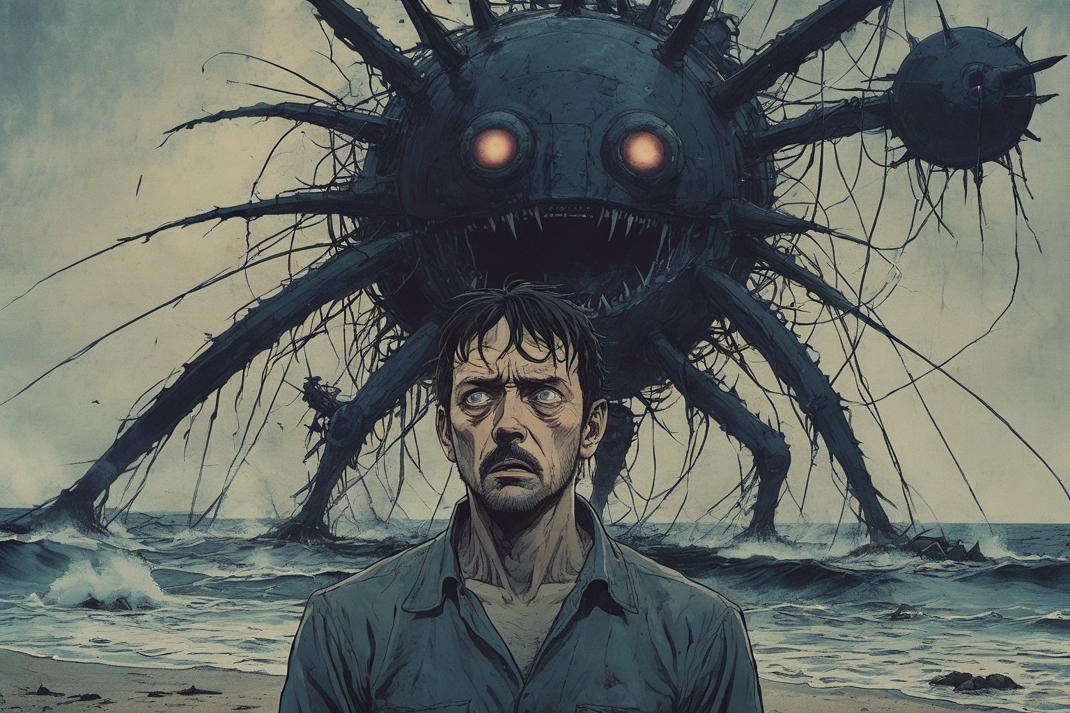 Closeup of a frightened man, eyes wide open, the narrator of War of the World, standing offcenter at the beach. Background is small warship HMS Thunder Child firing at a Monster with three legs, Tripod