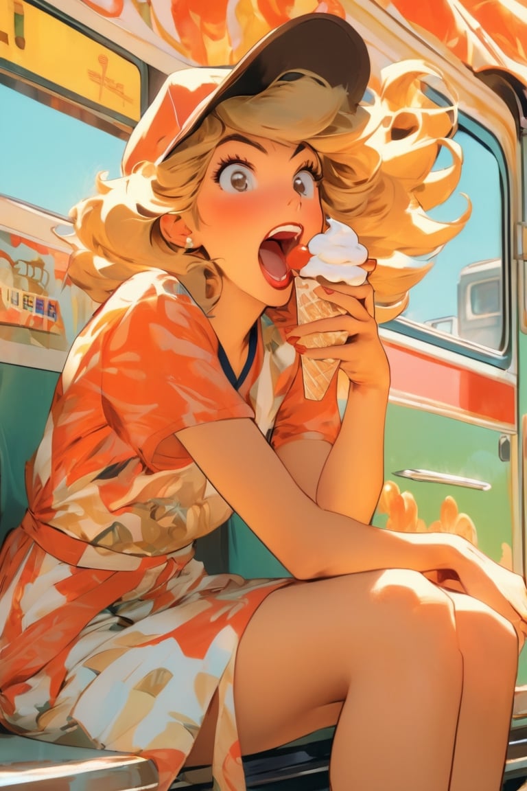 Anime Network, Woman, bored expression, yawning, sitting beside an icecream truck, art by Masamune Shiro, art by J.C. Leyendecker . anime style, key visual, vibrant, studio anime