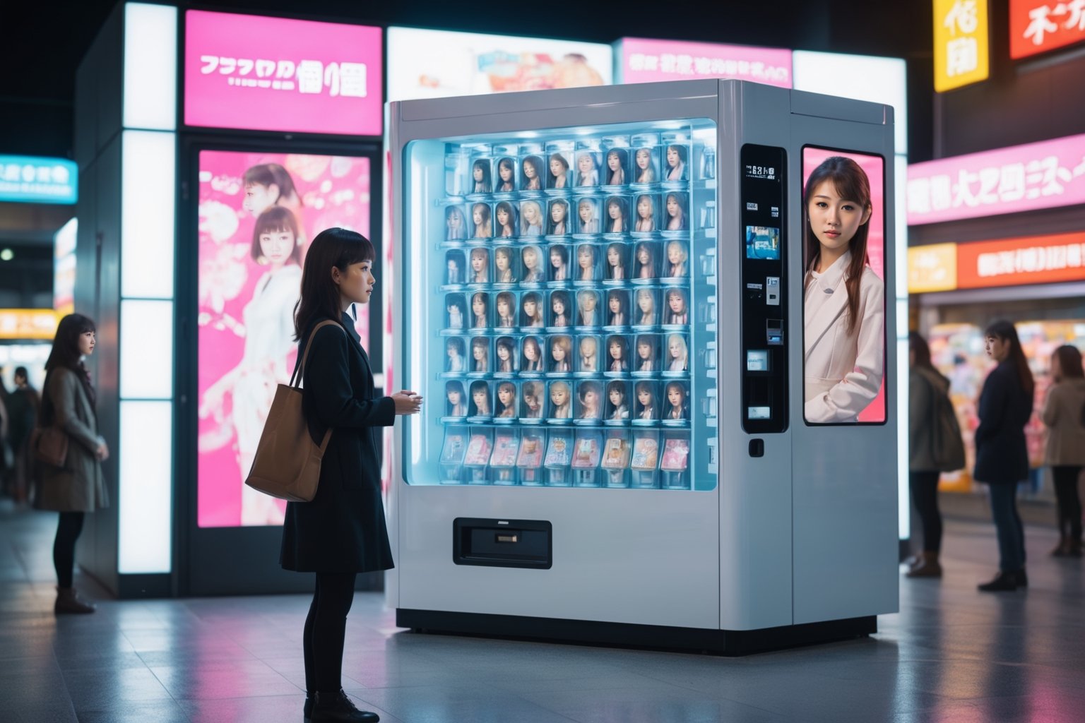 a young Japanese woman being sold from a futuristic, high-tech vending machine. The vending machine is filled with various female figures, each representing a different type of companion.