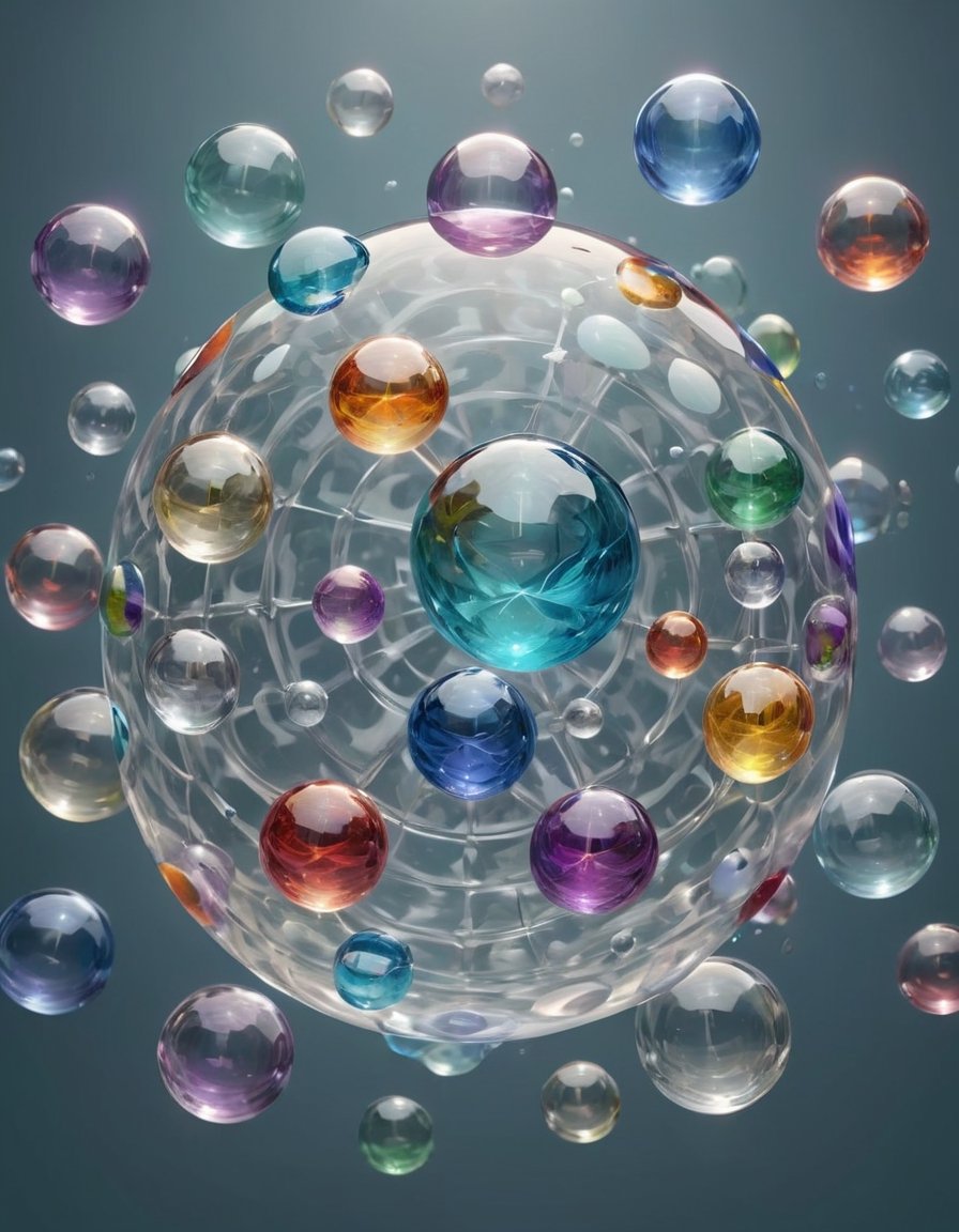 Large floating transparent spheres arranged in symmetrical pattern, each representing elemental symbol. Multicolor, highly detailed.  Simple background